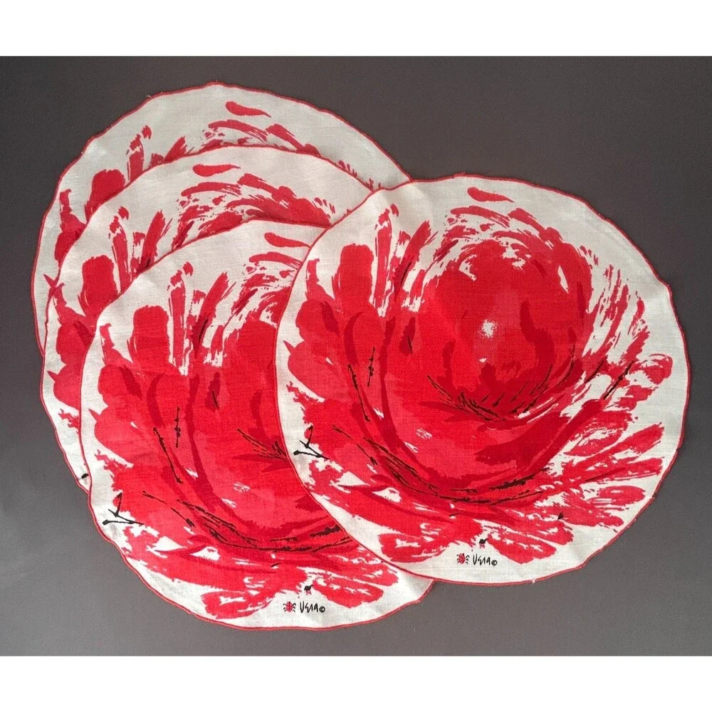 Vintage Vera Neumann Large Red Flower Linen Round Placemat Set of 4